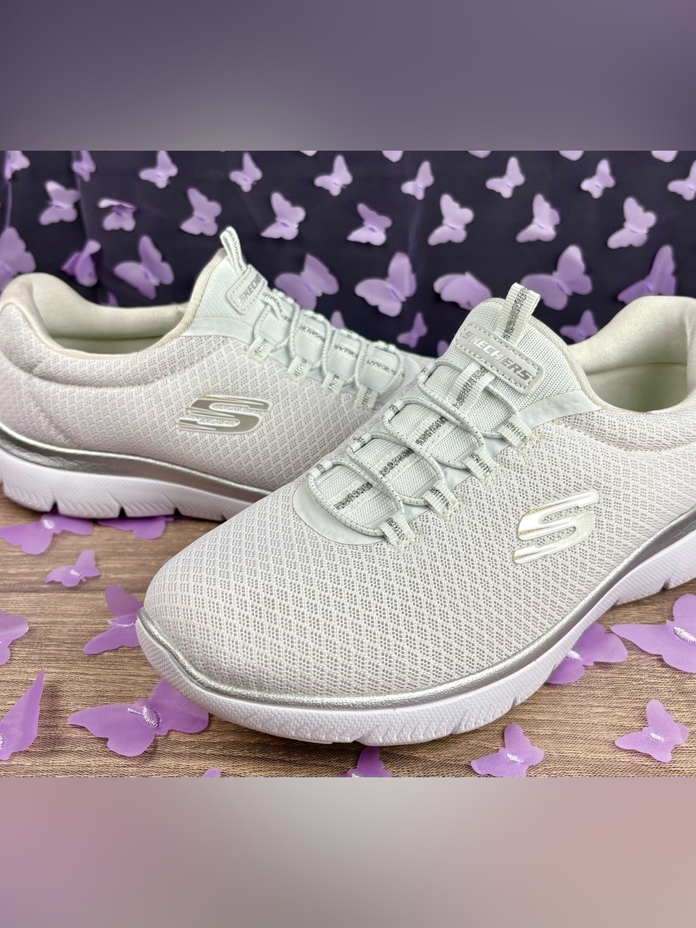 Skechers Women's Slip-On Mesh Walking Sneakers - White with silver trim.